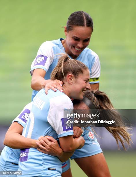 Rhianna Pollicina of Melbourne celebrates a goal during the round 12 A-League Women's match between Melbourne City and Sydney FC at AAMI Park, on...