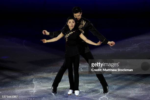 Shiyue Wang and Xinyu Liu of Team China skate during the Figure Skating Gala Exhibition on day sixteen of the Beijing 2022 Winter Olympic Games at...