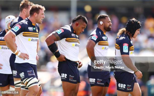 Brumbies forwards are p3ictured during the round one Super Rugby Pacific match between the ACT Brumbies and the Western Force at GIO Stadium on...