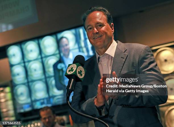 Co-owner of the Boston Celtics Stephen Pagliuca speaks after the Celtics draft Jayson Tatum with No. 3 overall pick during Celtics Draft Night at the...