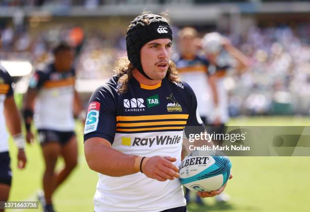 Lachlan Lonergan of the Brumbies is pictured during the round one Super Rugby Pacific match between the ACT Brumbies and the Western Force at GIO...