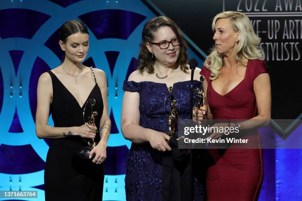 Alex Perrone, Christina Kortum, and Kerry Herta, winners of Best Make-Up, Commercials and Music Videos for American Horror Story: Double Feature,...