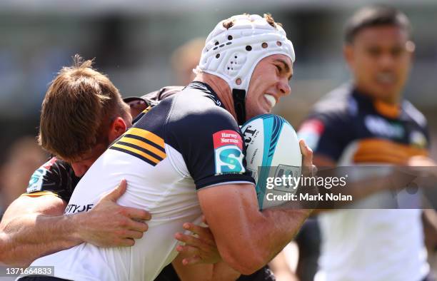 Rory Scott of the Brumbies in action during the round one Super Rugby Pacific match between the ACT Brumbies and the Western Force at GIO Stadium on...