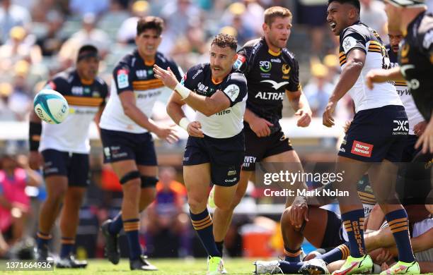 Nic White of the Brumbies in action during the round one Super Rugby Pacific match between the ACT Brumbies and the Western Force at GIO Stadium on...