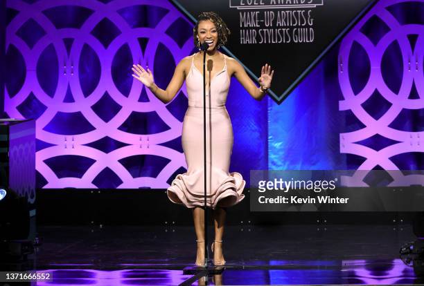 Sonequa Martin-Green speaks onstage during the 9th Annual Make-Up Artists & Hair Stylists Guild Awards at The Beverly Hilton on February 19, 2022 in...