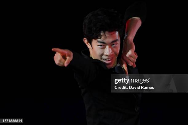 Nathan Chen of Team United States reacts during the Figure Skating Gala Exhibition on day sixteen of the Beijing 2022 Winter Olympic Games at Capital...