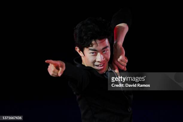 Nathan Chen of Team United States reacts during the Figure Skating Gala Exhibition on day sixteen of the Beijing 2022 Winter Olympic Games at Capital...