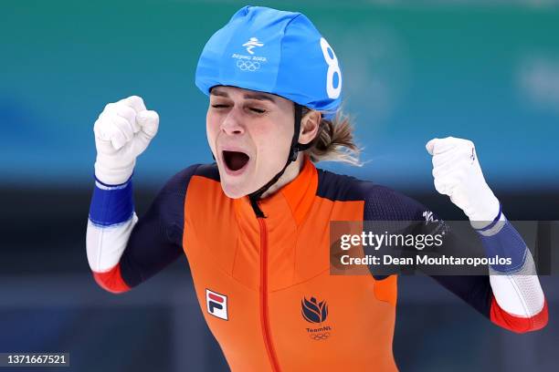 Irene Schouten of Team Netherlands celebrates winning the Gold medal during the Women's Mass Start Final on day fifteen of the Beijing 2022 Winter...