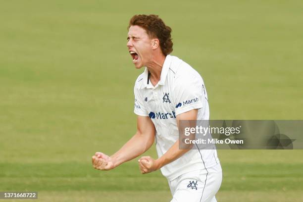 Mitchell Perry of Victoria celebrates after dismissing Bryce Street of Queensland during day three of the Sheffield Shield match between Victoria and...