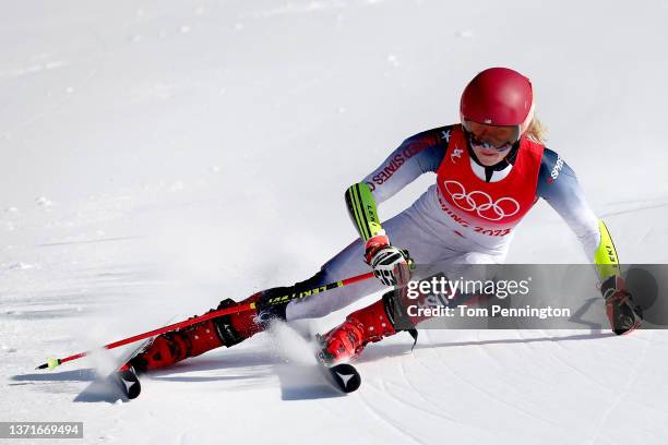 Mikaela Shiffrin of Team United States skis during the Mixed Team Parallel 1/4 final on day 16 of the Beijing 2022 Winter Olympic Games at National...