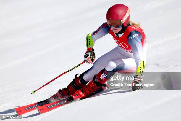 Mikaela Shiffrin of Team United States skis during the Mixed Team Parallel 1/4 final on day 16 of the Beijing 2022 Winter Olympic Games at National...