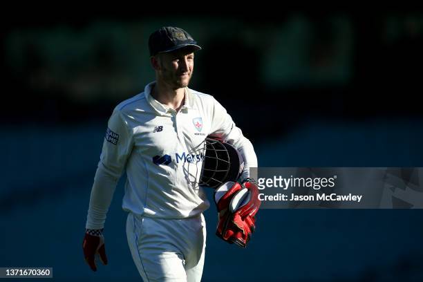 Peter Nevill of the Blues looks on during day three of the Sheffield Shield match between New South Wales and Tasmania at Sydney Cricket Ground, on...