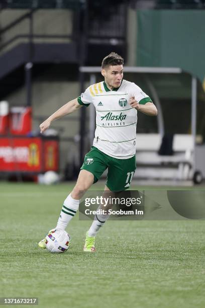Jaroslaw Niezgoda of the Portland Timbers dribbles the ball during the preseason friendly match between Real Salt Lake and Portland Timbers at...