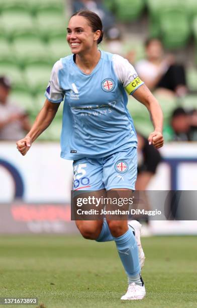 Emma Checker of Melbourne celebrates the win during the round 12 A-League Women's match between Melbourne City and Sydney FC at AAMI Park, on...