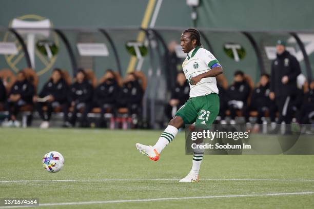 Diego Chará of the Portland Timbers passes the ball during the preseason friendly match between Real Salt Lake and Portland Timbers at Providence...