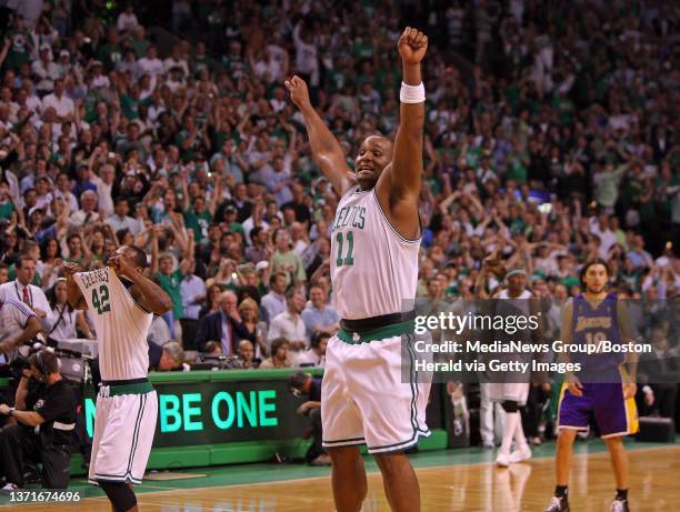 Boston Celtics center Glen Davis and guard Tony Allen celebrate after winning the NBA Finals at the Boston Garden Wednesday, June 18, 2008. Staff...