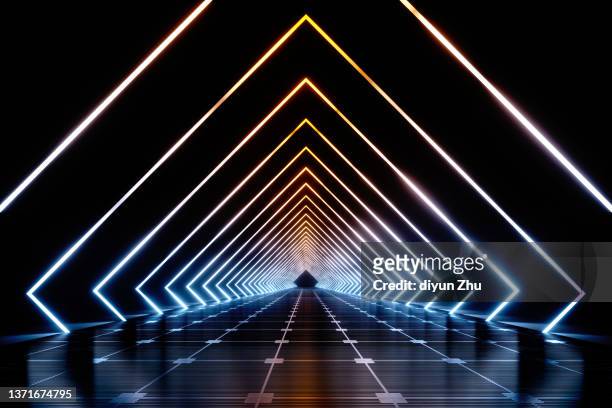 3d rendered future illuminated corridor with abstract shape - light beam wall stock pictures, royalty-free photos & images