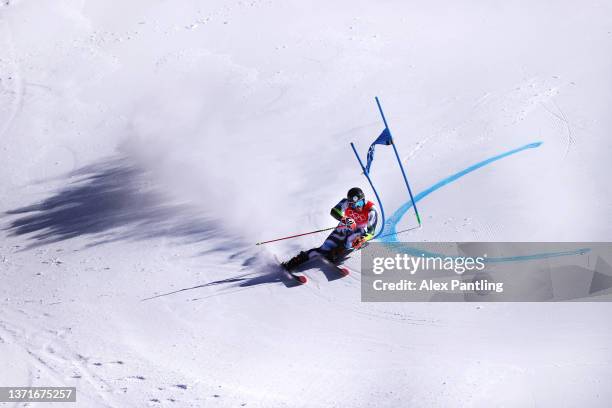 Zan Krajnec of Team Slovenia skis during the Mixed Team Parallel on day 16 of the Beijing 2022 Winter Olympic Games at National Alpine Ski Centre on...