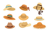 Woven straw hats vector illustrations set