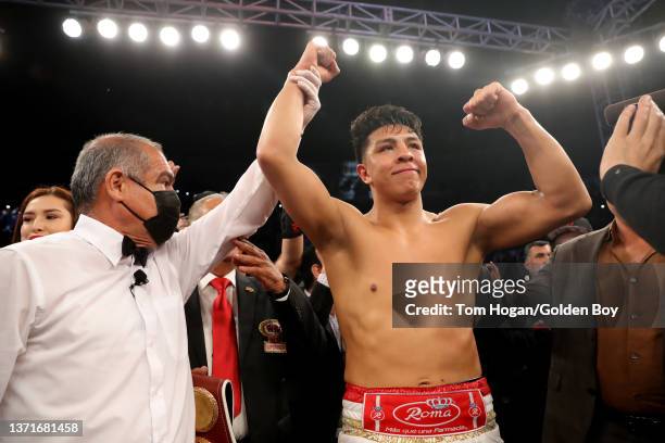 Jaime Munguia wins by technical knockout WBO Intercontinental Middleweight title against D'Mitrius Ballard at Plaza Monumental February 19, 2022 in...