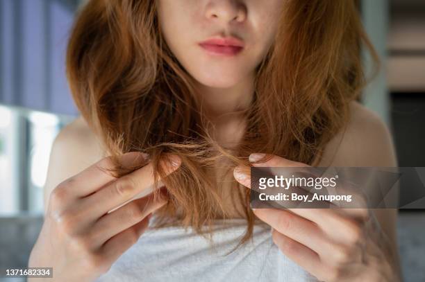 cropped shot view of woman holding her damaged split ended and messy hair. - cheveux secs photos et images de collection