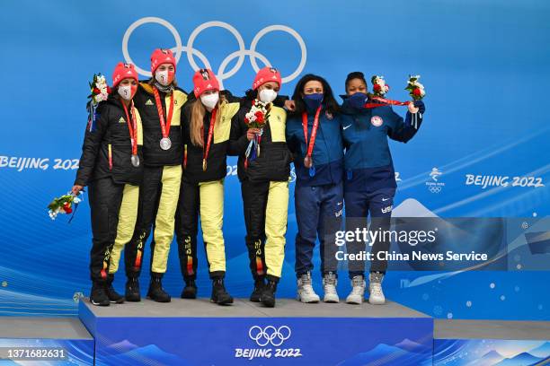 Gold medalists Laura Nolte and Deborah Levi of Team Germany , silver medalists Mariama Jamanka and Alexandra Burghardt of Team Germany and bronze...