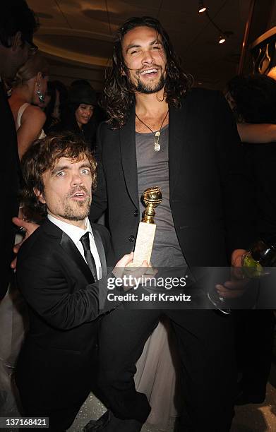 Actors Peter Dinklage and Jason Momoa attends HBO's Official After Party for the 69th Annual Golden Globe Awards held at The Beverly Hilton hotel on...