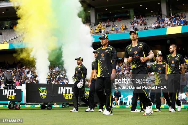 Australia walk out to field during game five of the T20 International Series between Australia and Sri Lanka at Melbourne Cricket Ground on February...