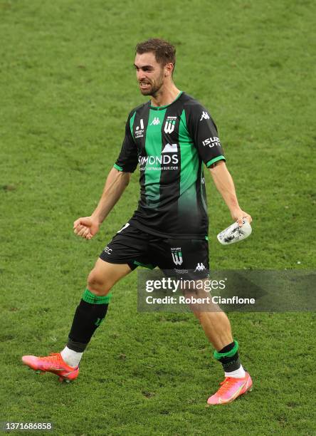 Ben Garuccio of Western United celebrates after scoring a goal during the round 15 A-League Men's match between Western United and Western Sydney...