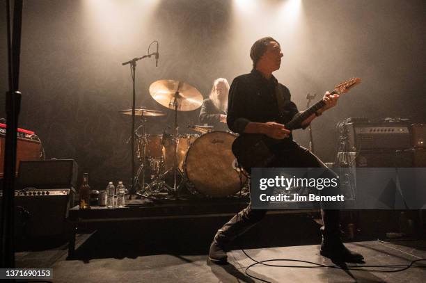 Drummer Brad Morgan and lead Vocalist and guitarist Mike Cooley of Drive-By Truckers performs live on stage at The Showbox on February 19, 2022 in...