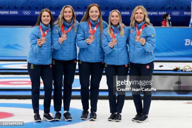 Bronze medallists Anna Hasselborg, Sara McManus, Agnes Knochenhauer, Sofia Mabergs, Johanna Heldin of Team Sweden celebrate during the medal ceremony...