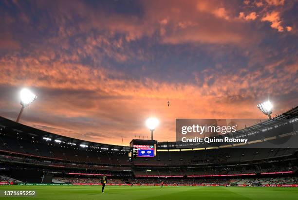 Ashton Agar of Australia fields in the outfield during game five of the T20 International Series between Australia and Sri Lanka at Melbourne Cricket...