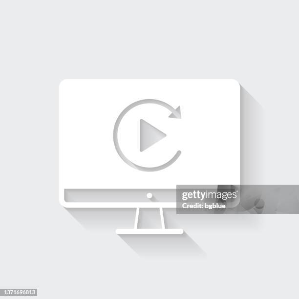 replay on desktop computer. icon with long shadow on blank background - flat design - turning lights off stock illustrations