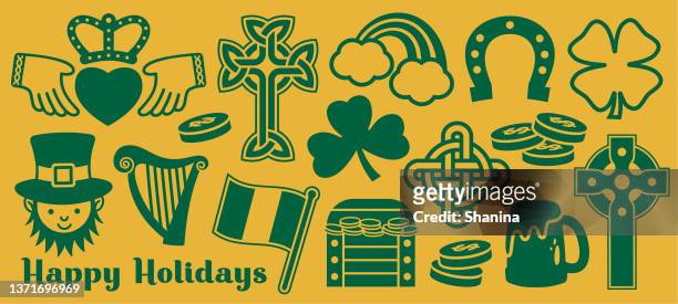ilustraciones, imágenes clip art, dibujos animados e iconos de stock de banner de iconos del día de san patricio - fondo amarillo - saint patricks tag