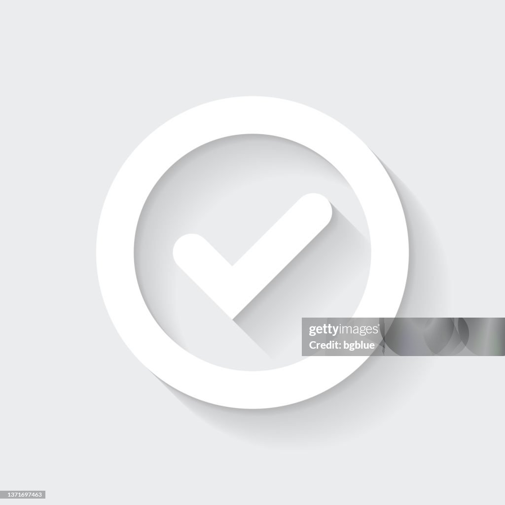 Verifique a marca. Ícone com sombra longa em fundo em branco - Design Plano