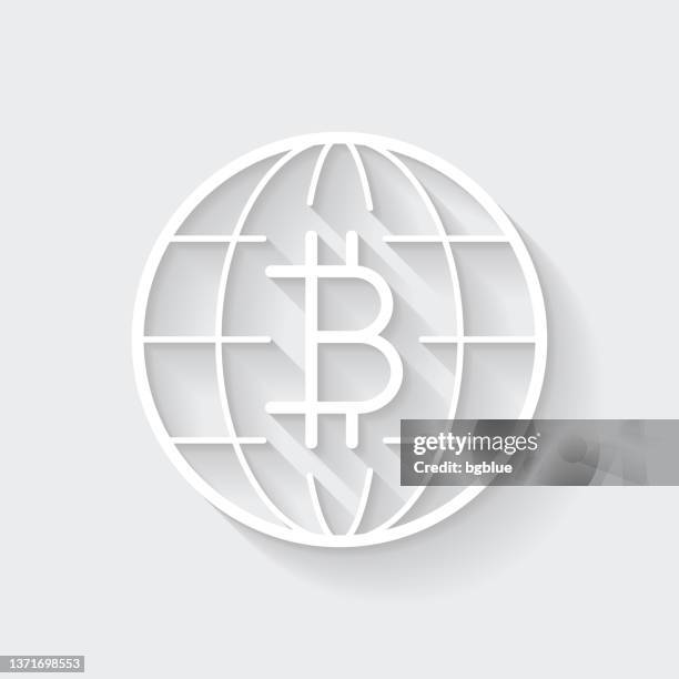 global bitcoin. icon with long shadow on blank background - flat design - world map flat paper stock illustrations