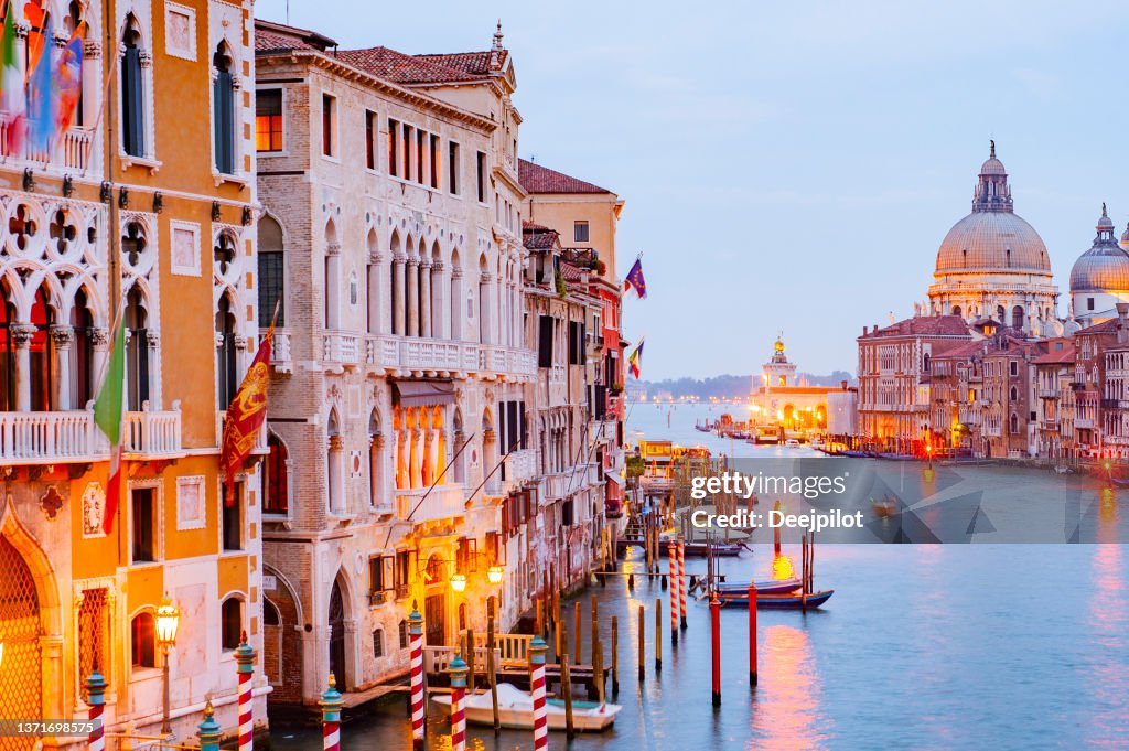 The Basilica Santa Maria della Salute and the Grand Canal, Venice, Italy.