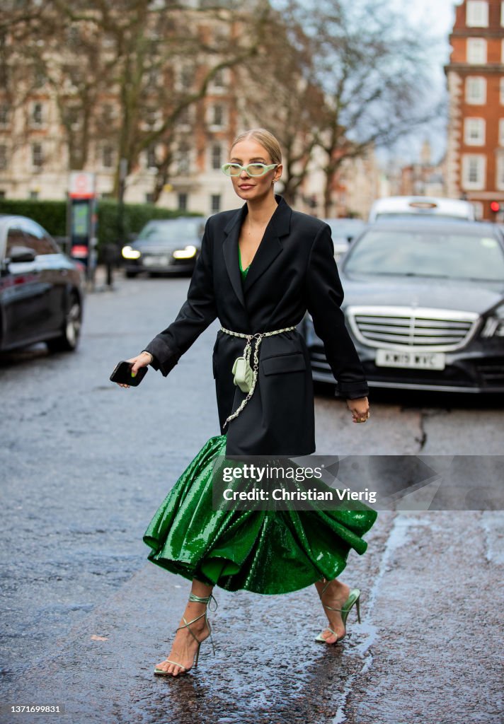 Leonie Hanne seen wearing green dress, Chanel micro belt bag