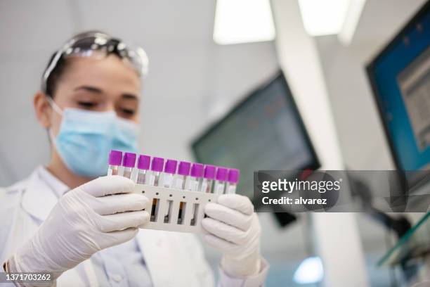 scientist handling medical samples test tubes in laboratory - prateleira de tubos de ensaio imagens e fotografias de stock