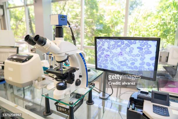 microscopio moderno con sistema de imágenes digitales en el laboratorio - célula cultivada fotografías e imágenes de stock