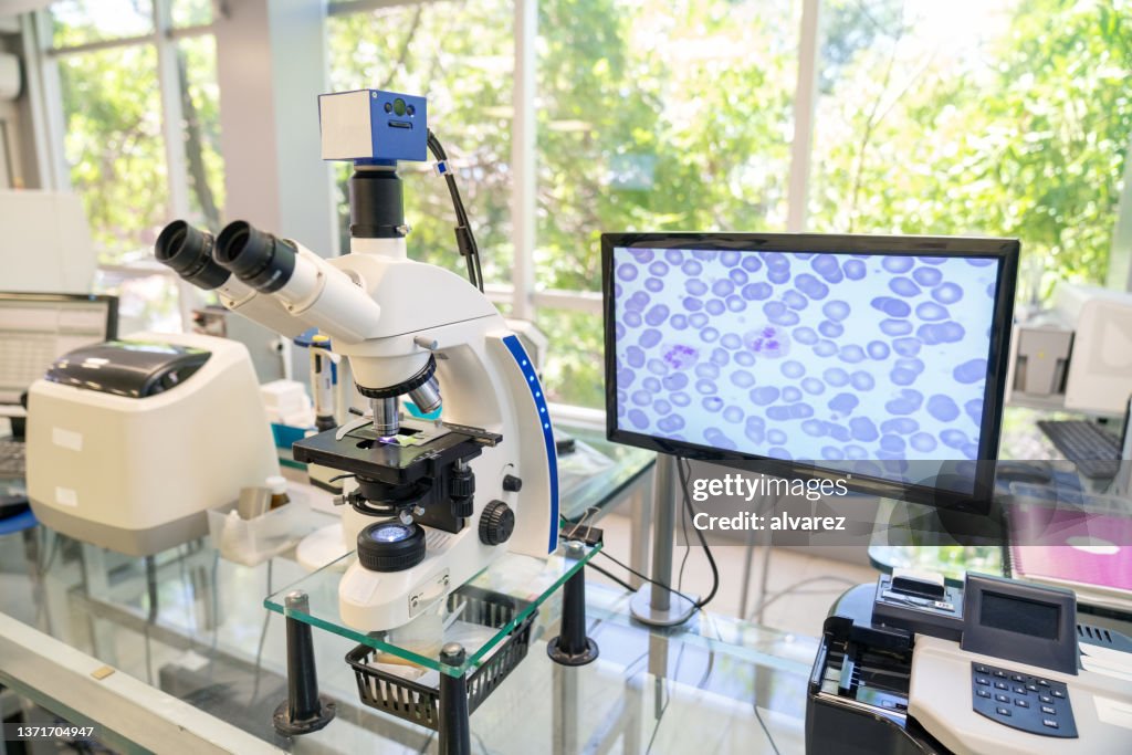 Modern microscope with digital imaging system in the lab