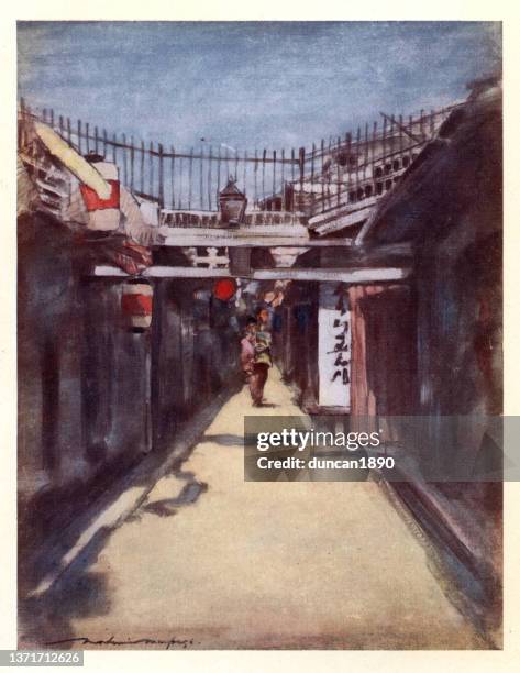 japanese street scene, art, japan 19th century - traditional japanese painting stock illustrations