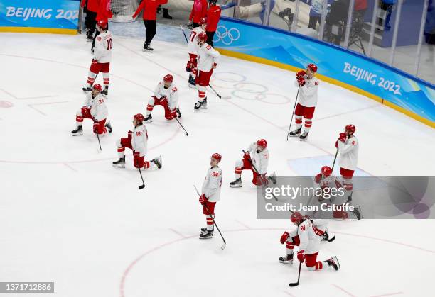 Players of Team ROC are dejected following their defeat in the Gold Medal game between Team Finland and Team ROC on Day 16 of the Beijing 2022 Winter...