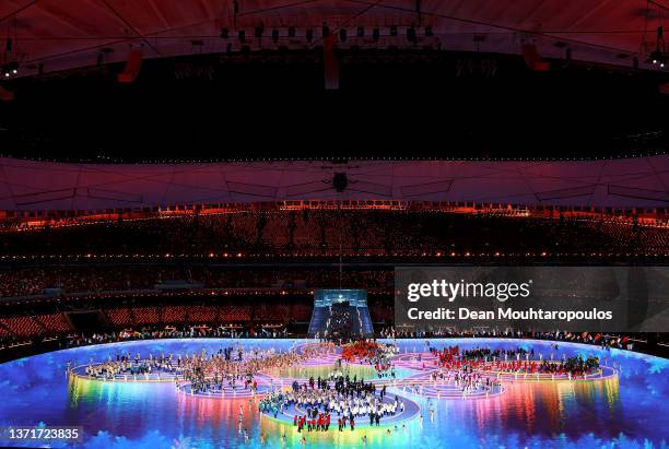 General view is seen of the Parade of Athletes during the Beijing 2022 Winter Olympics Closing Ceremony on Day 16 of the Beijing 2022 Winter Olympics...