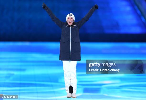 Cross-Country Skiing Women's 30Km Mass Start Free Bronze medallist Kerttu Niskanen of Team Finland celebrates during the Beijing 2022 Winter Olympics...