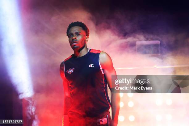 Antonius Cleveland of the Hawks enters the arena during the round 12 NBL match between Illawarra Hawks and Tasmania Jackjumpers at WIN Entertainment...