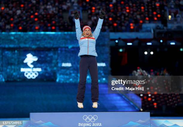 Cross-Country Skiing Women's 30Km Mass Start Free Gold medallist Therese Johaug of Team Norway celebrates during the Beijing 2022 Winter Olympics...