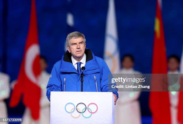 Thomas Bach, IOC President makes a speech during the Beijing 2022 Winter Olympics Closing Ceremony on Day 16 of the Beijing 2022 Winter Olympics at...