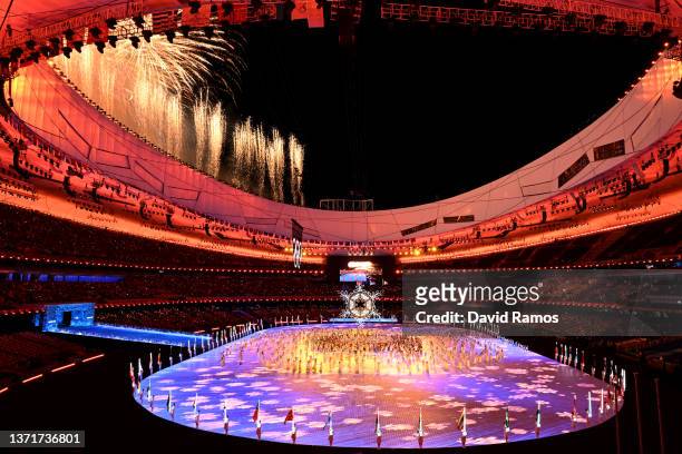 Firework display is seen inside the stadium during the Beijing 2022 Winter Olympics Closing Ceremony on Day 16 of the Beijing 2022 Winter Olympics at...