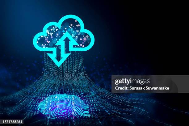 3d technology illustration fingerprint scanner with cloud integrated with a printed circuit board. release binary code - cloud computing fotografías e imágenes de stock